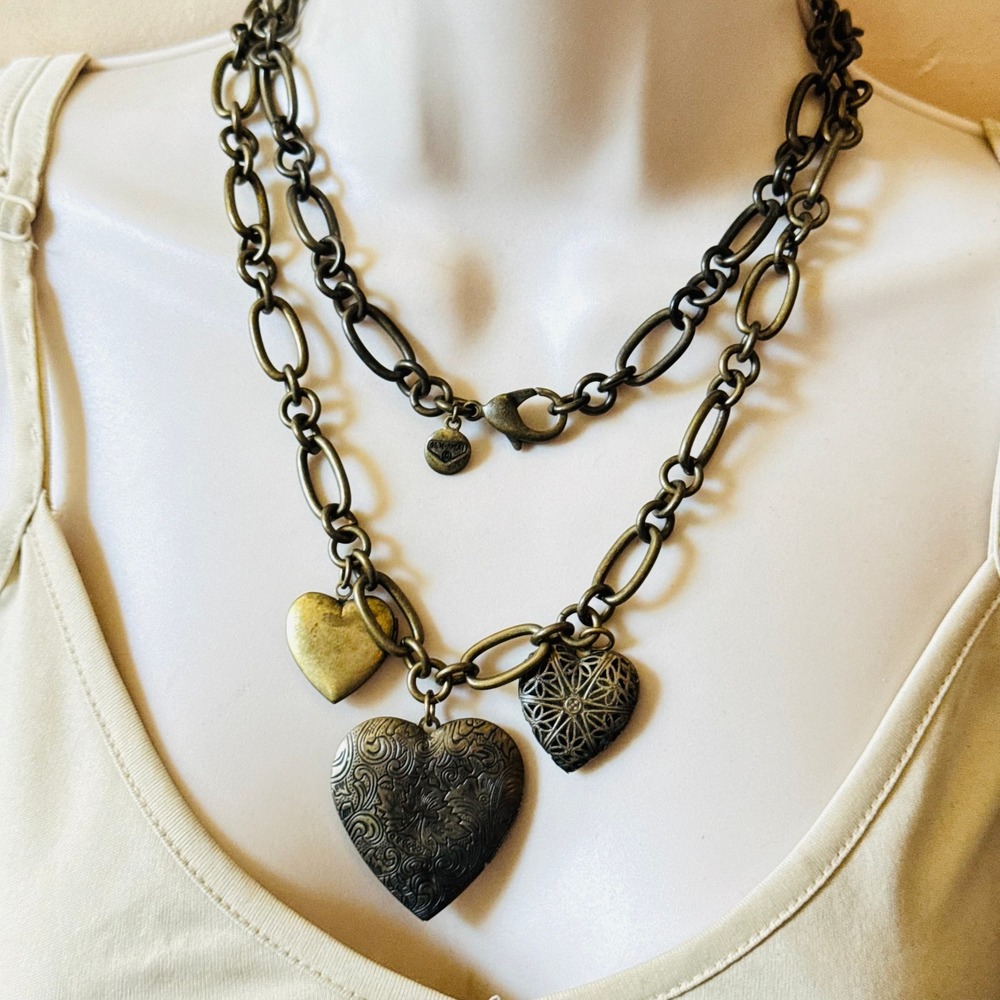 VTG Ben-Amun Signed Necklace Heart Locket Charm Dangle Antiqued Brass Long 37"